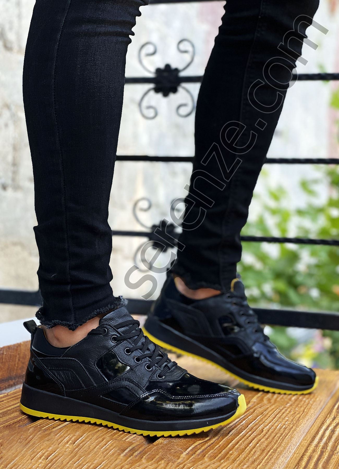 Siyah Sarı Hakiki Deri Rugan Erkek Spor Ayakkabı