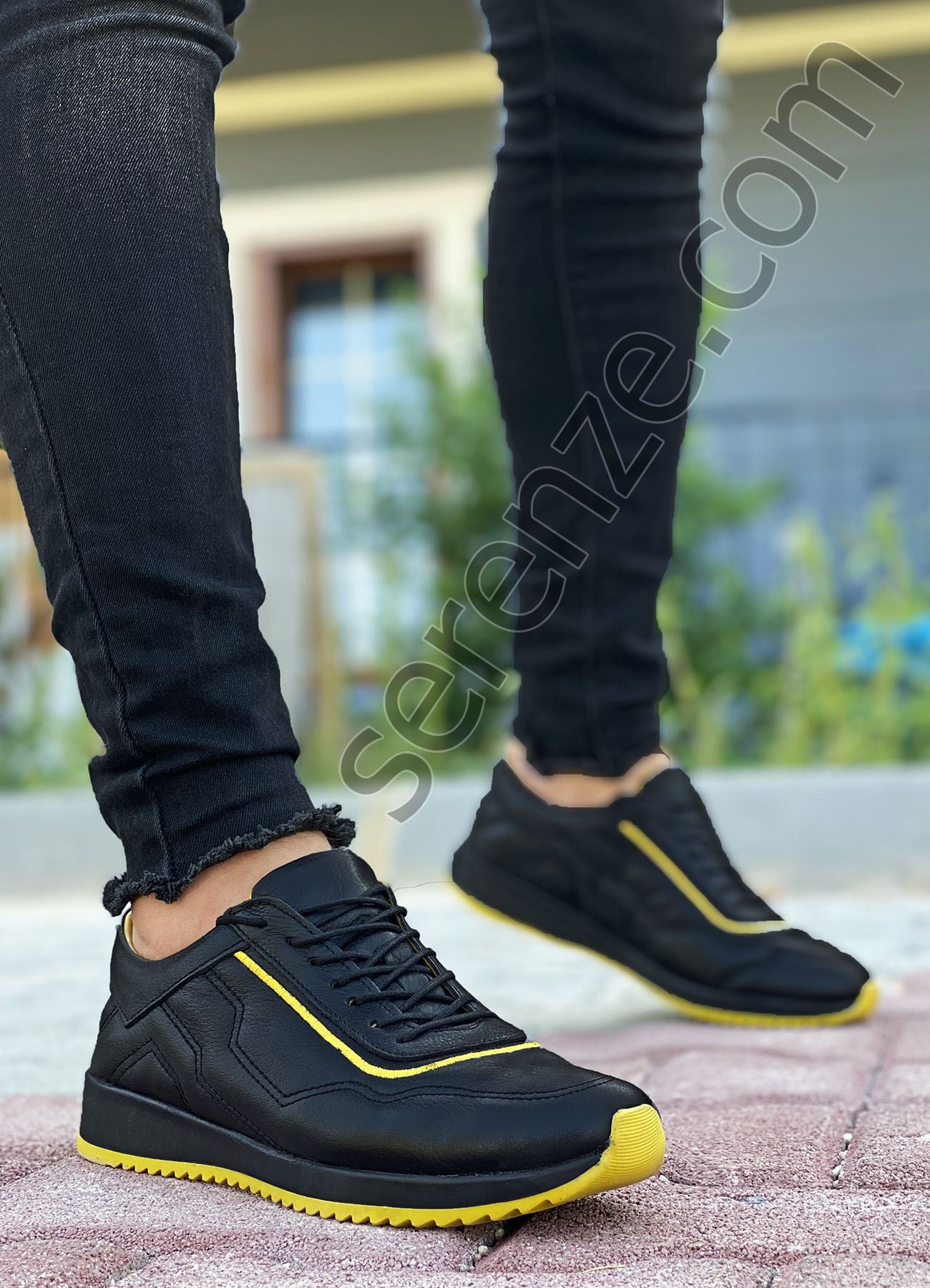 Siyah Sarı Hakiki Deri Erkek Spor Ayakkabı