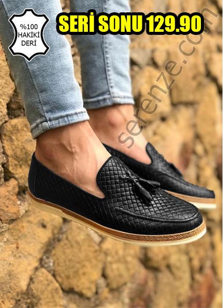 Siyah Piramit Desen Hakiki Deri Erkek Klasik Ayakkabı