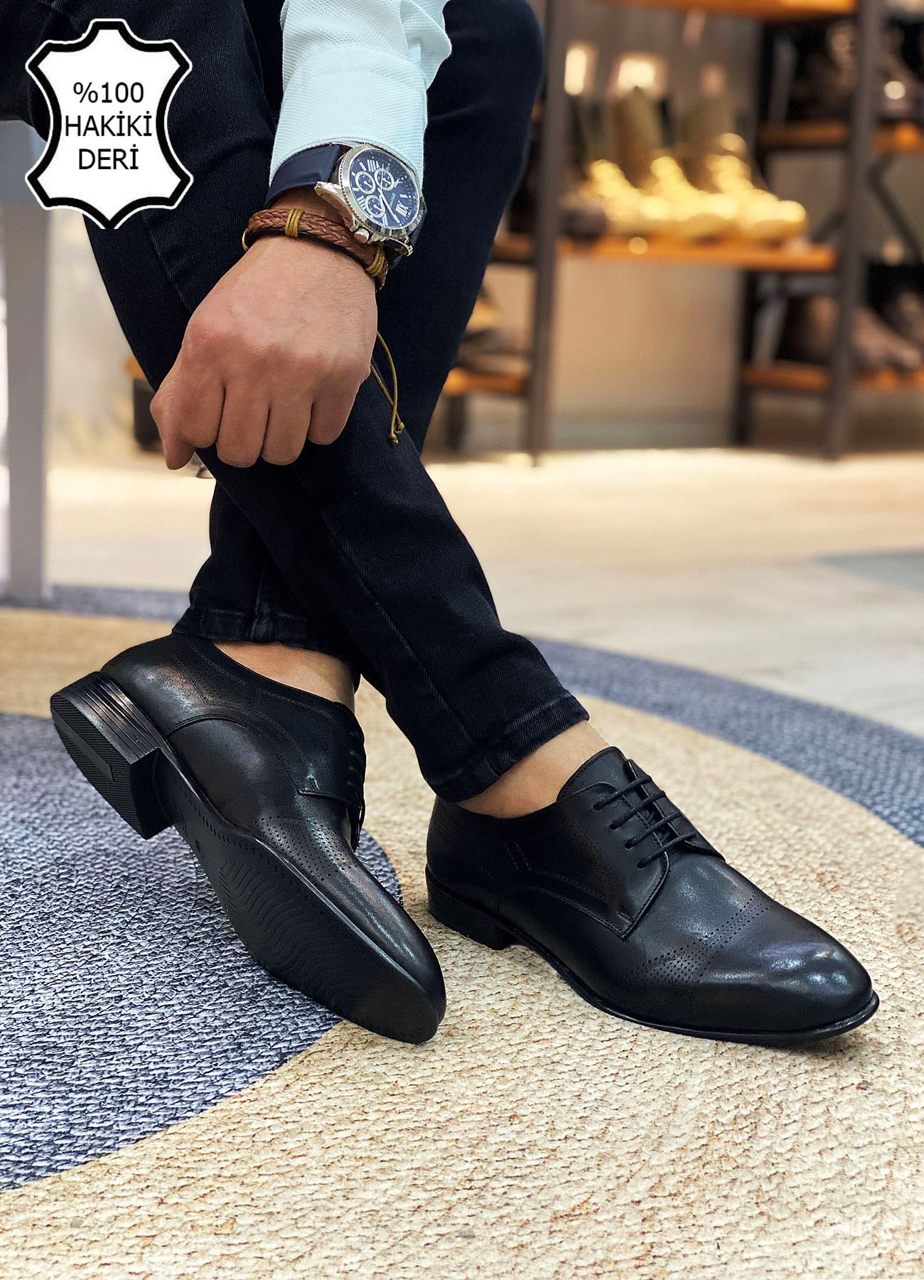 Siyah Delikli İtalyan Hakiki Deri Erkek Klasik Ayakkabı