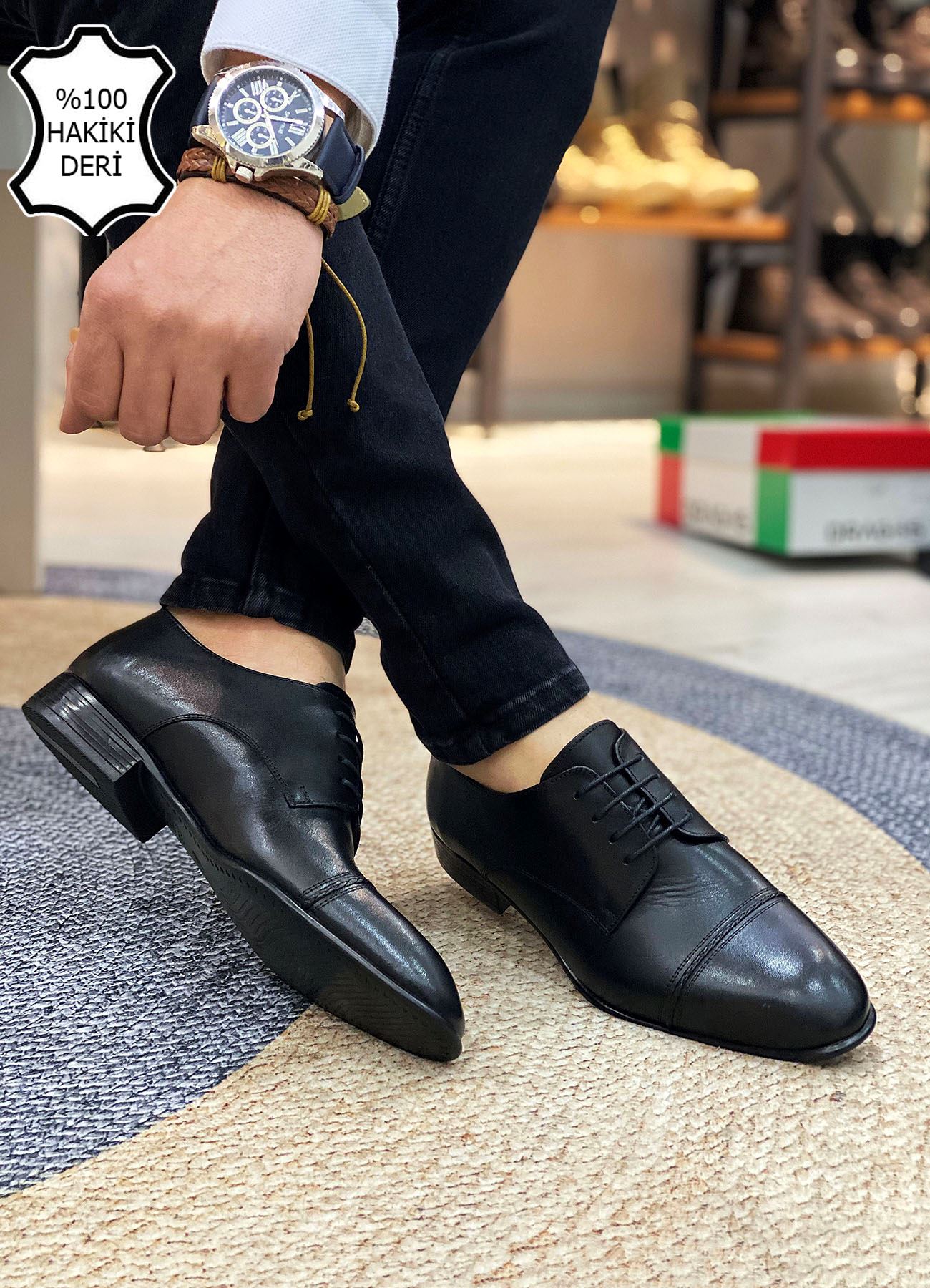 Siyah Örgülü İtalyan Hakiki Deri Erkek Klasik Ayakkabı