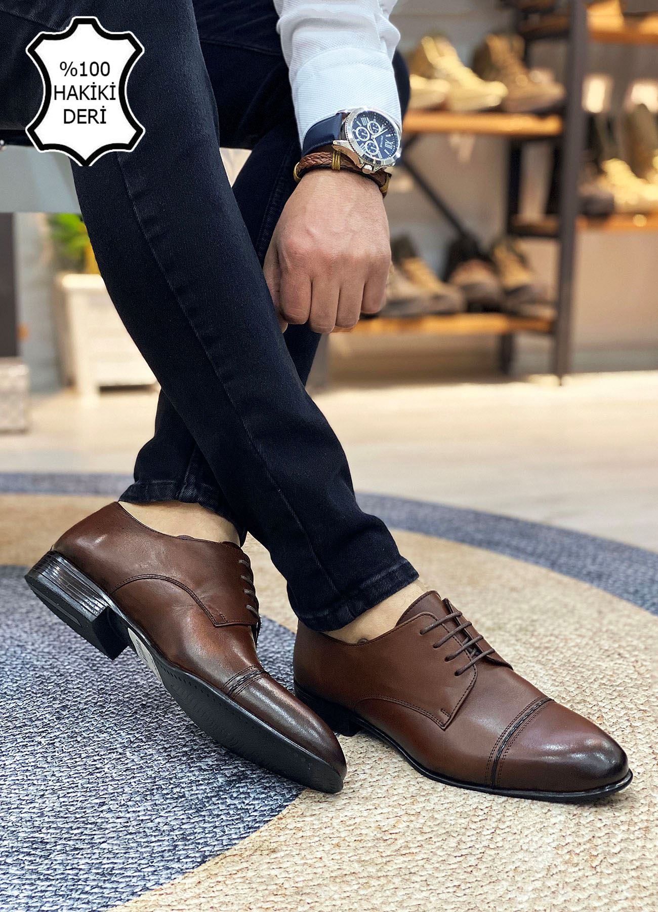 Taba Örgülü İtalyan Hakiki Deri Erkek Klasik Ayakkabı