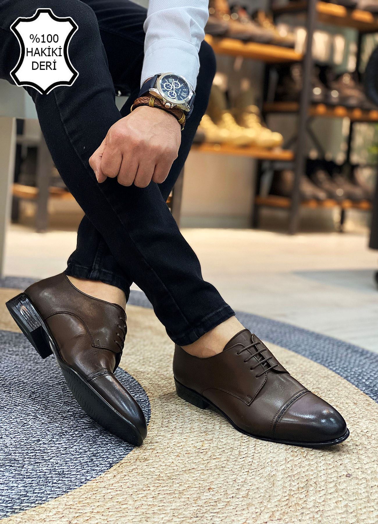 Kahve Örgülü İtalyan Hakiki Deri Erkek Klasik Ayakkabı