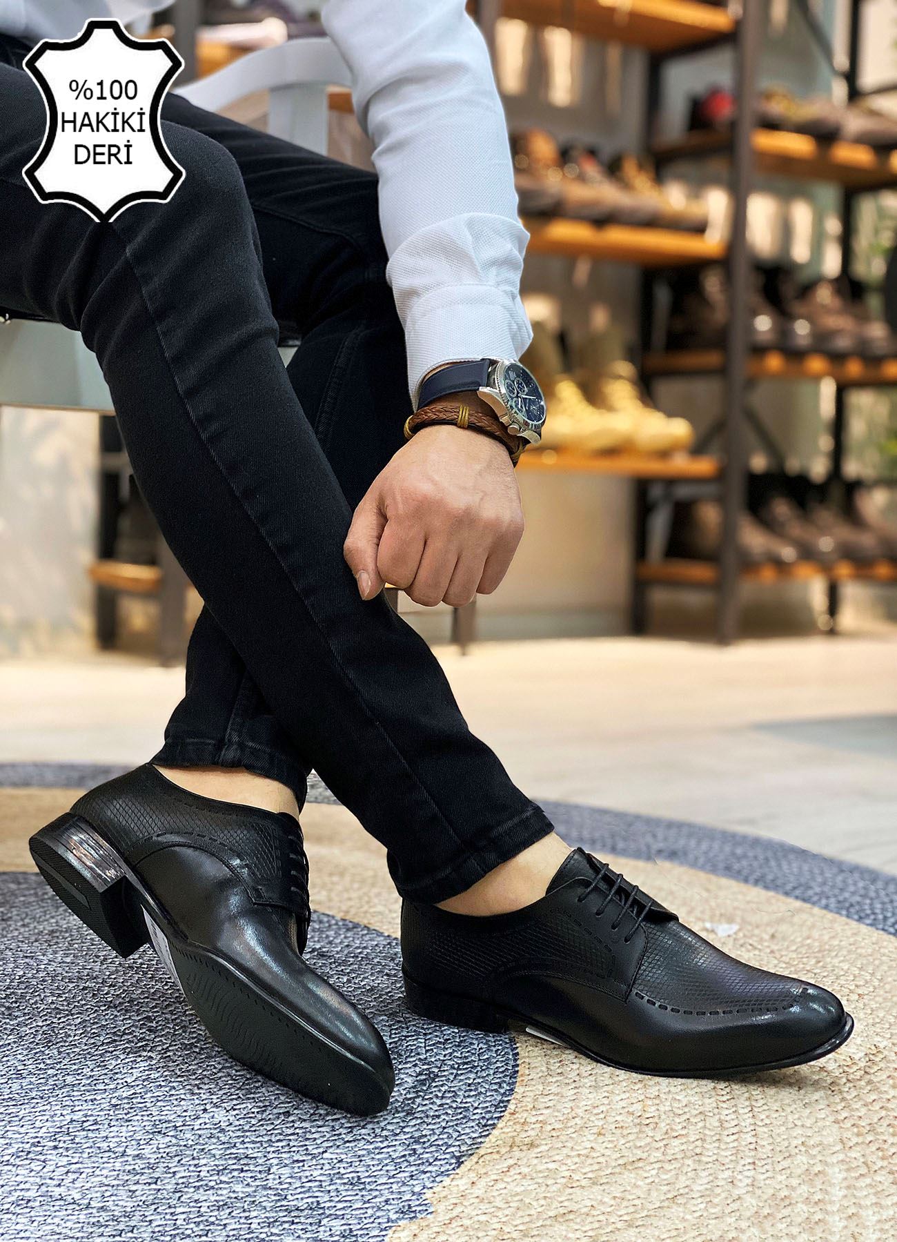 Siyah Hasır Desen İtalyan Hakiki Deri Erkek Klasik Ayakkabı