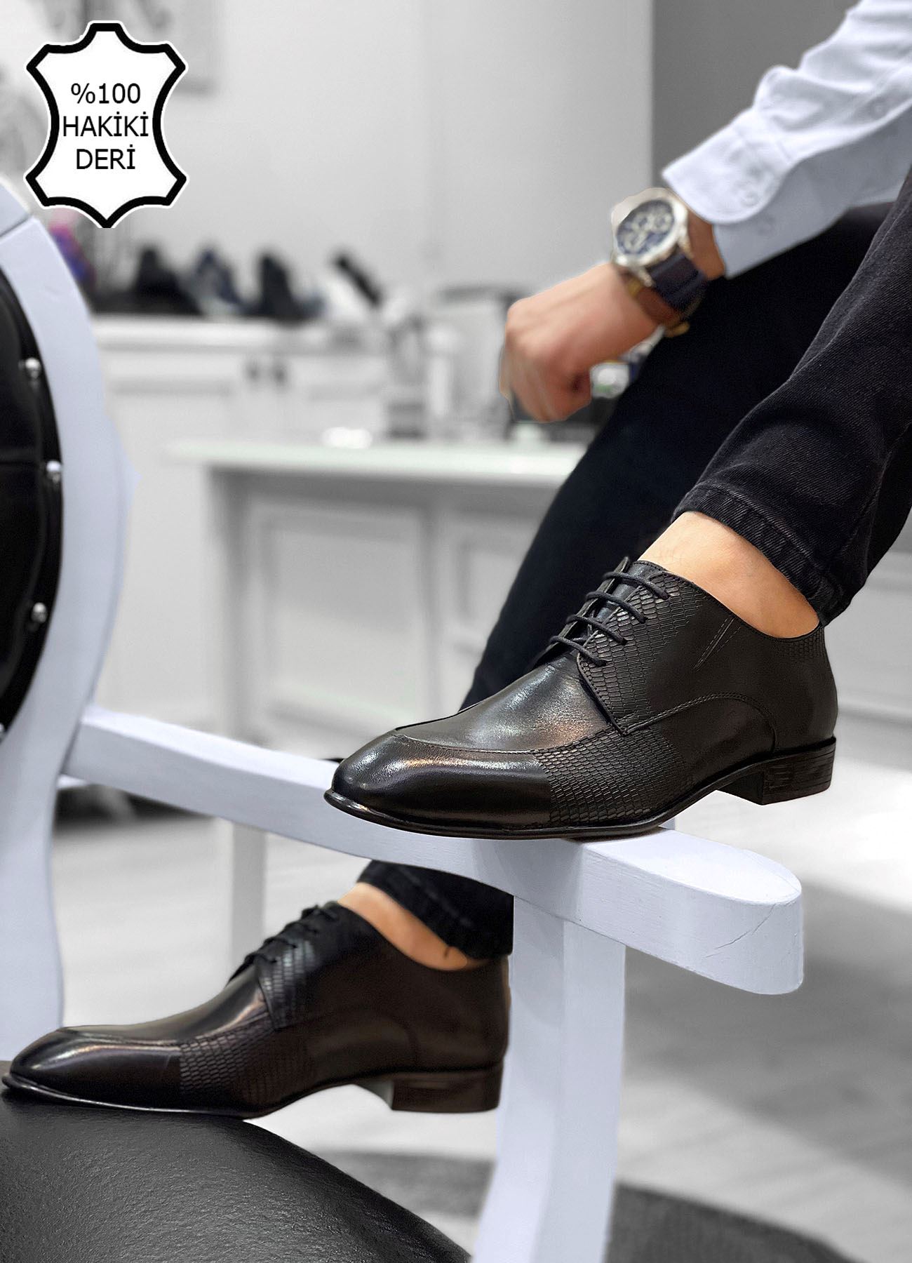Siyah Lazer Baskı İtalyan Hakiki Deri Erkek Klasik Ayakkabı