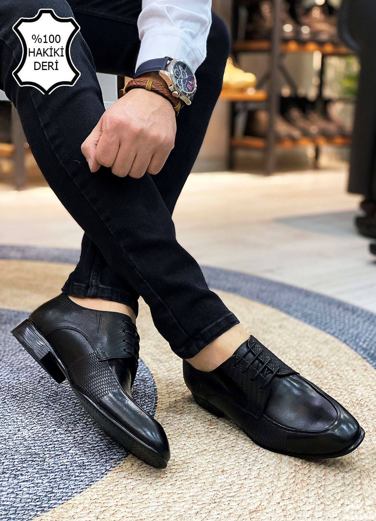 Siyah Lazer Baskı İtalyan Hakiki Deri Erkek Klasik Ayakkabı