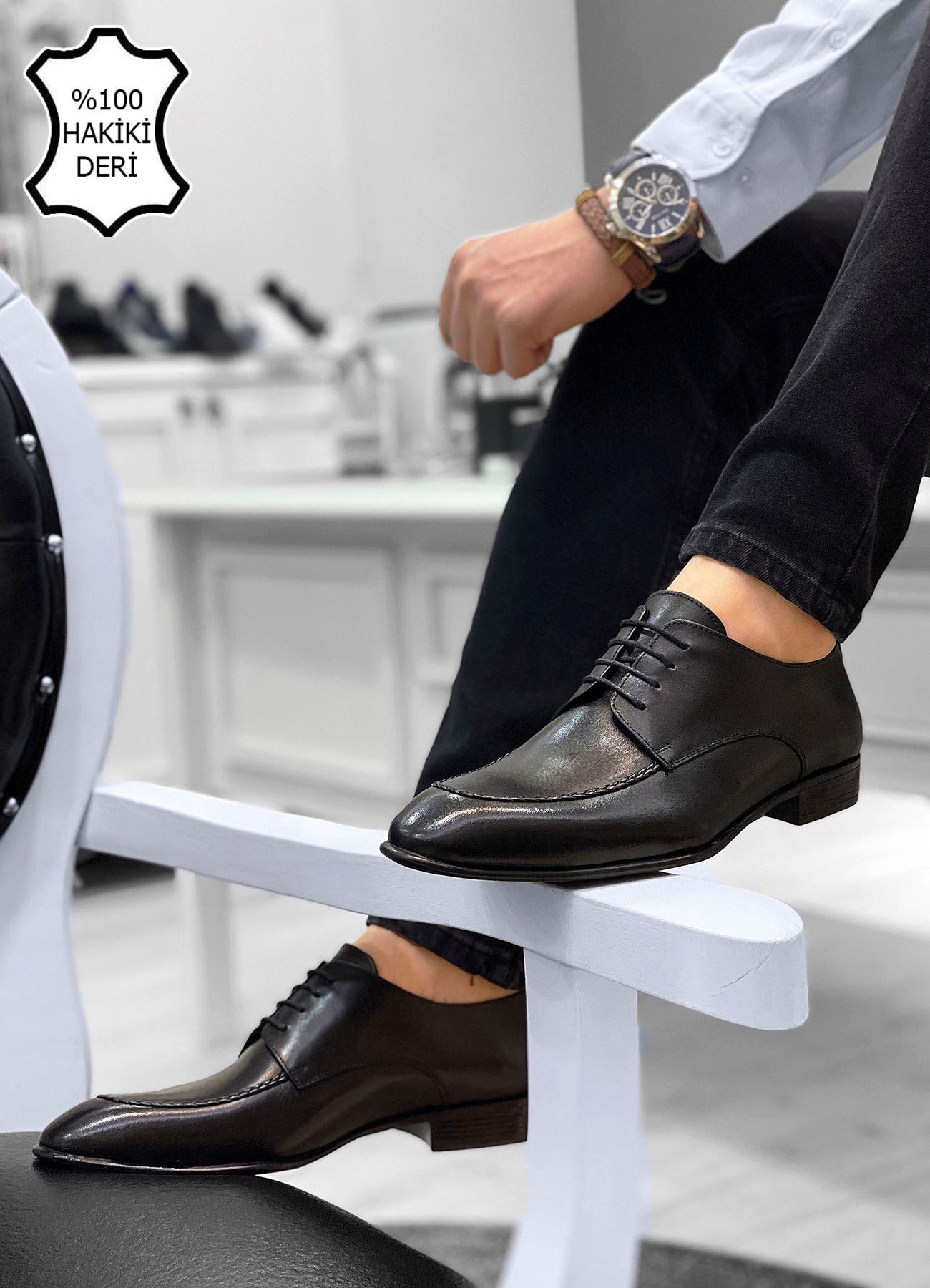 Siyah Hasır Saraçlı İtalyan Hakiki Deri Erkek Klasik Ayakkabı