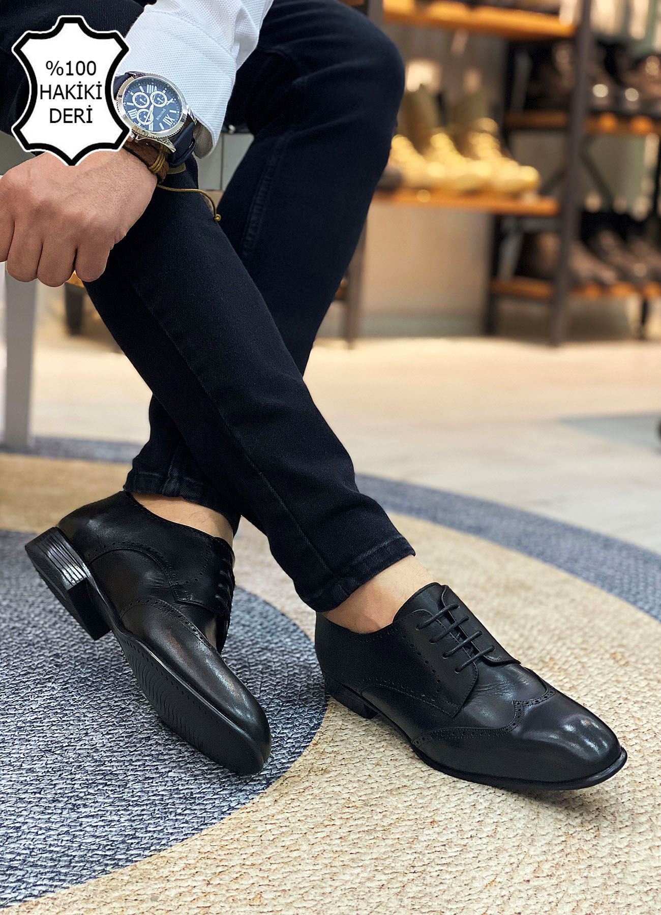 Siyah Maskaratlı İtalyan Hakiki Deri Erkek Klasik Ayakkabı