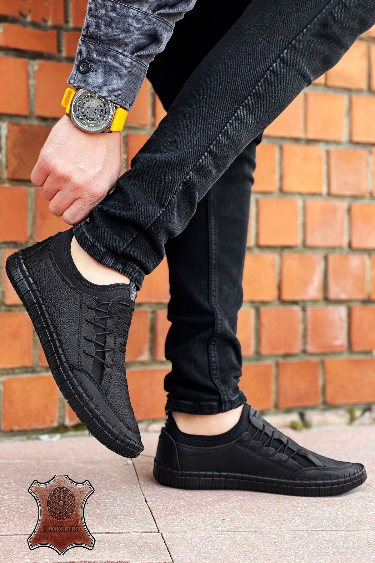 Siyah Hakiki Deri Ultra Rahat Erkek Çarık Ayakkabı