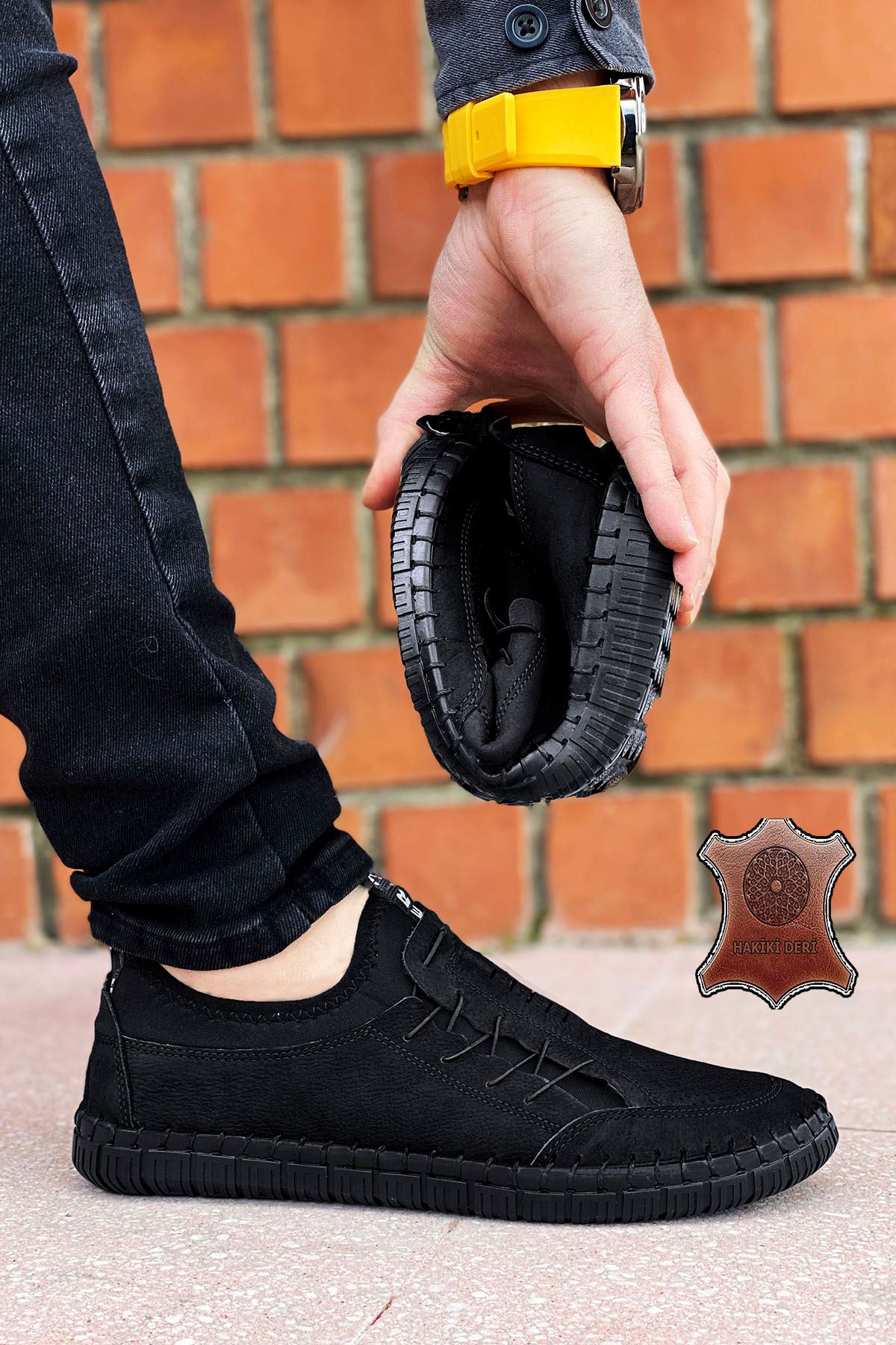 Siyah Nubuk Hakiki Deri Ultra Rahat Erkek Çarık Ayakkabı