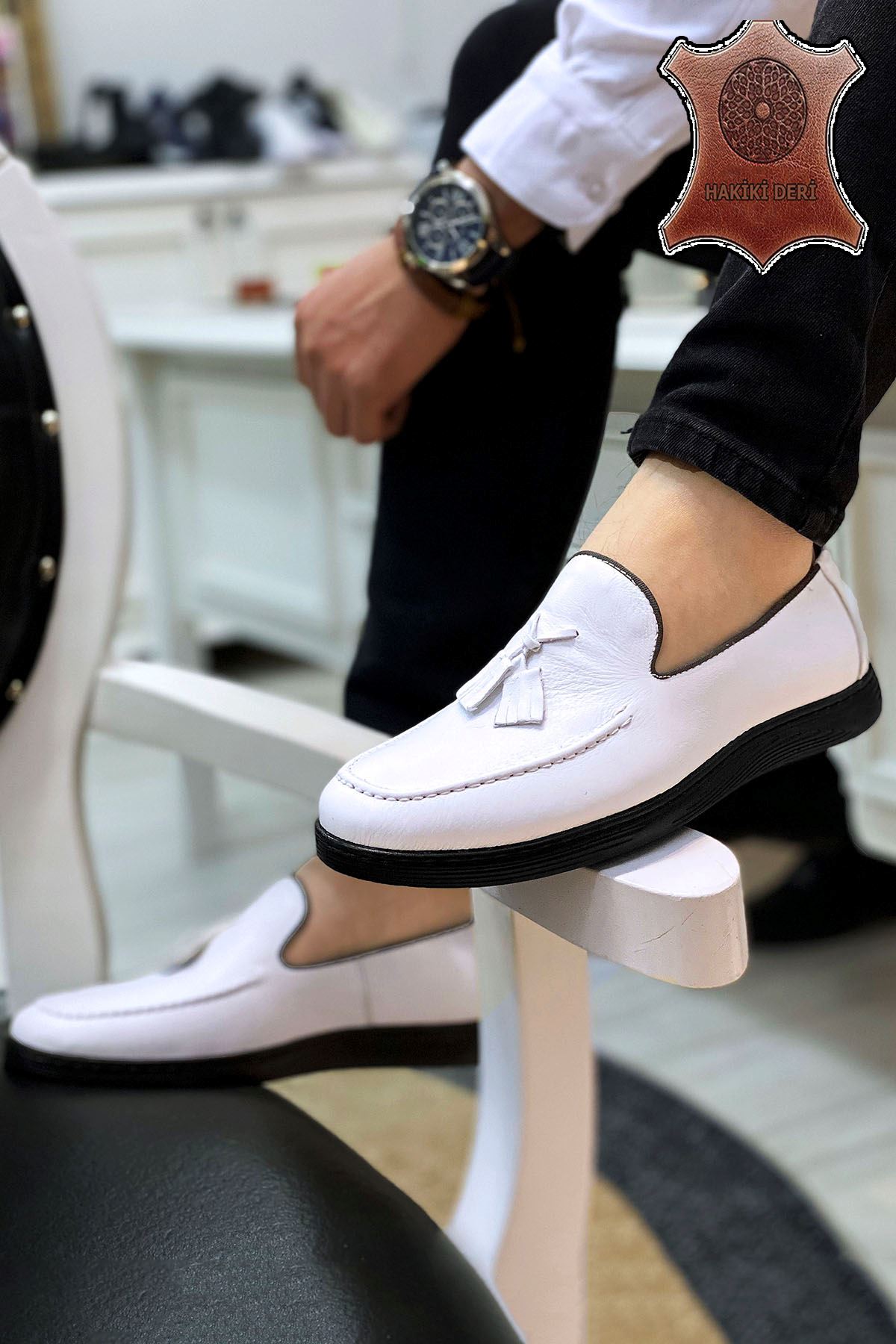 Beyaz Siyah Hakiki Deri Erkek Günlük Ayakkabı