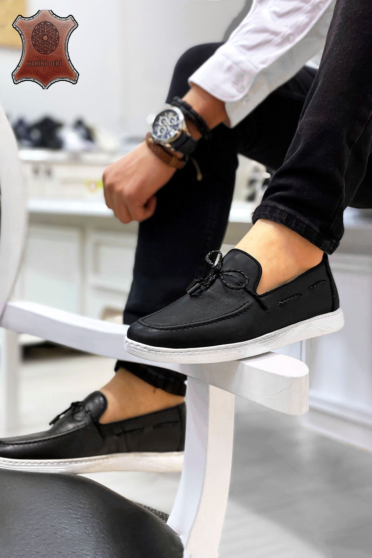 Siyah İpli Hakiki Deri Erkek Günlük Ayakkabı