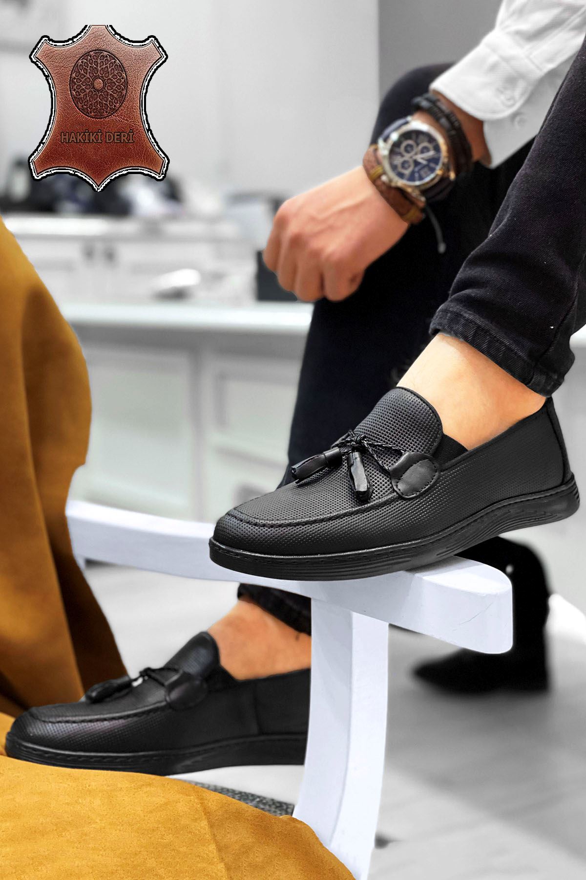 Siyah Desenli Hakiki Deri Erkek Günlük Ayakkabı