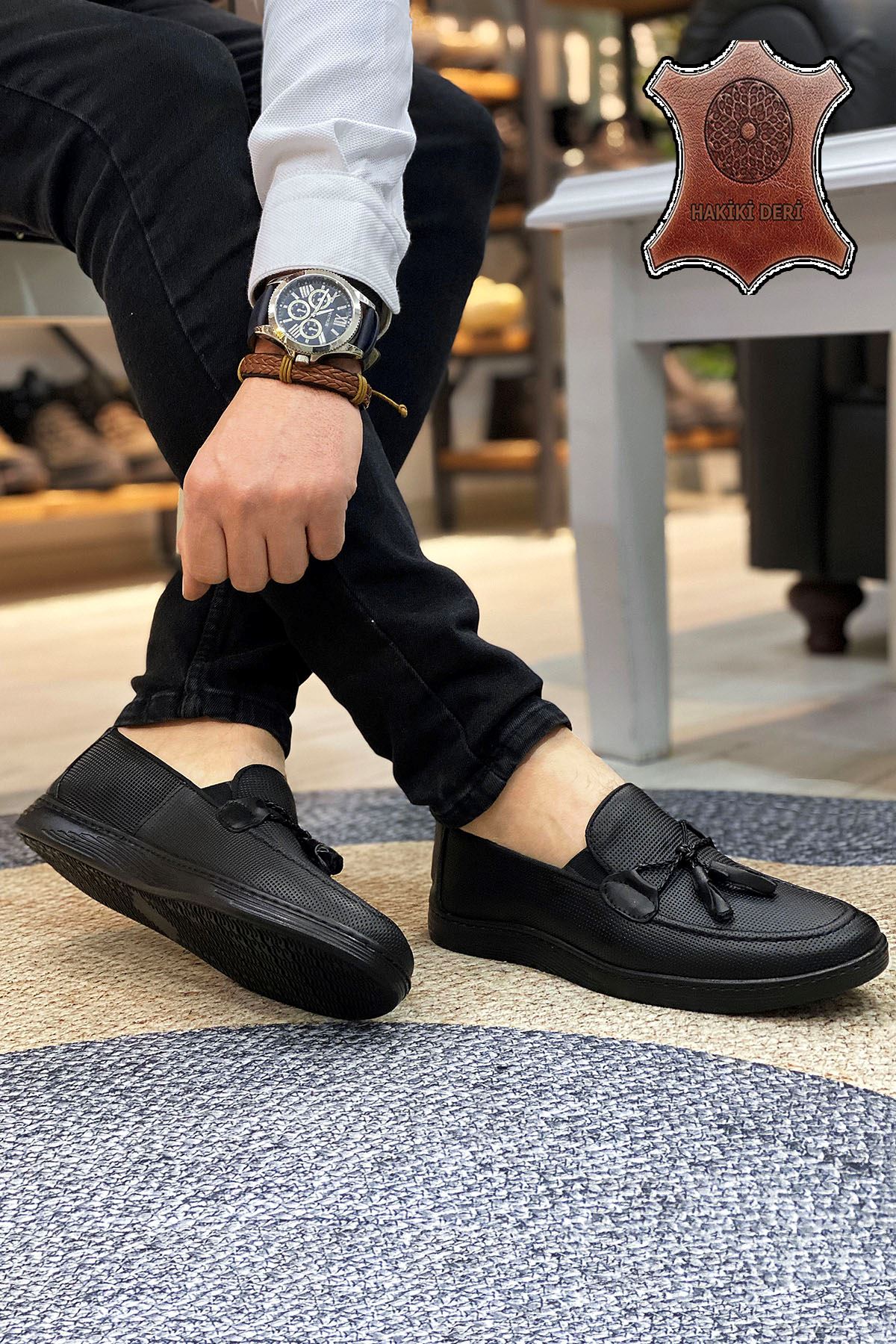 Siyah Desenli Hakiki Deri Erkek Günlük Ayakkabı