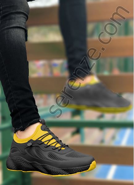 Siyah Sarı Grid Desen Fileli Erkek Spor Ayakkabı -