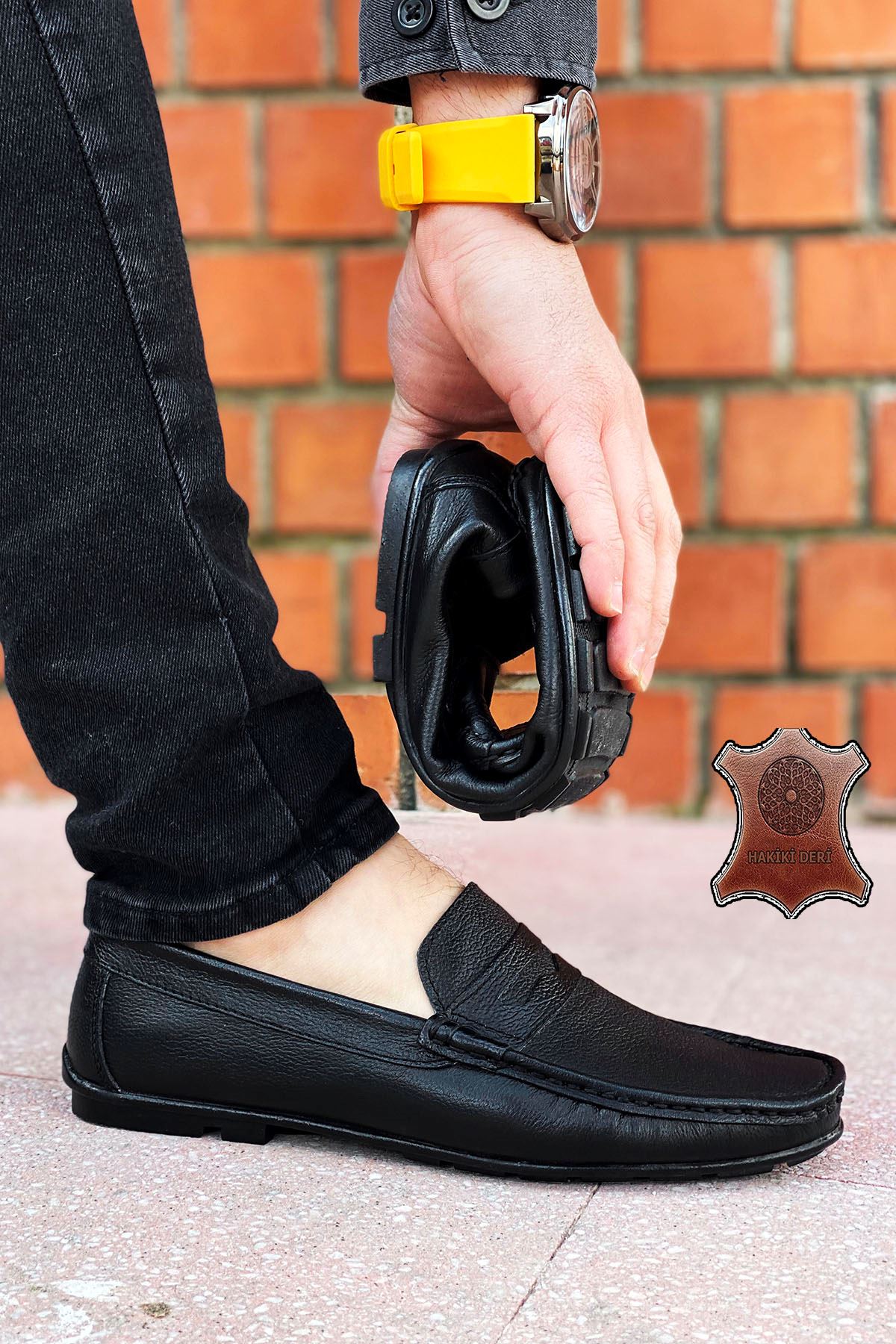 Siyah Şerit Detay Hakiki Deri Erkek Loafer Ayakkabı
