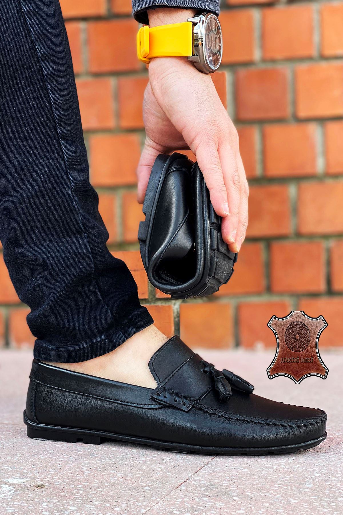 Siyah Püsküllü Hakiki Deri Erkek Loafer Ayakkabı