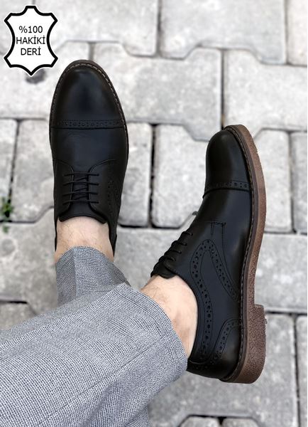 Siyah Hakiki Deri Desenli Erkek Klasik Ayakkabı -