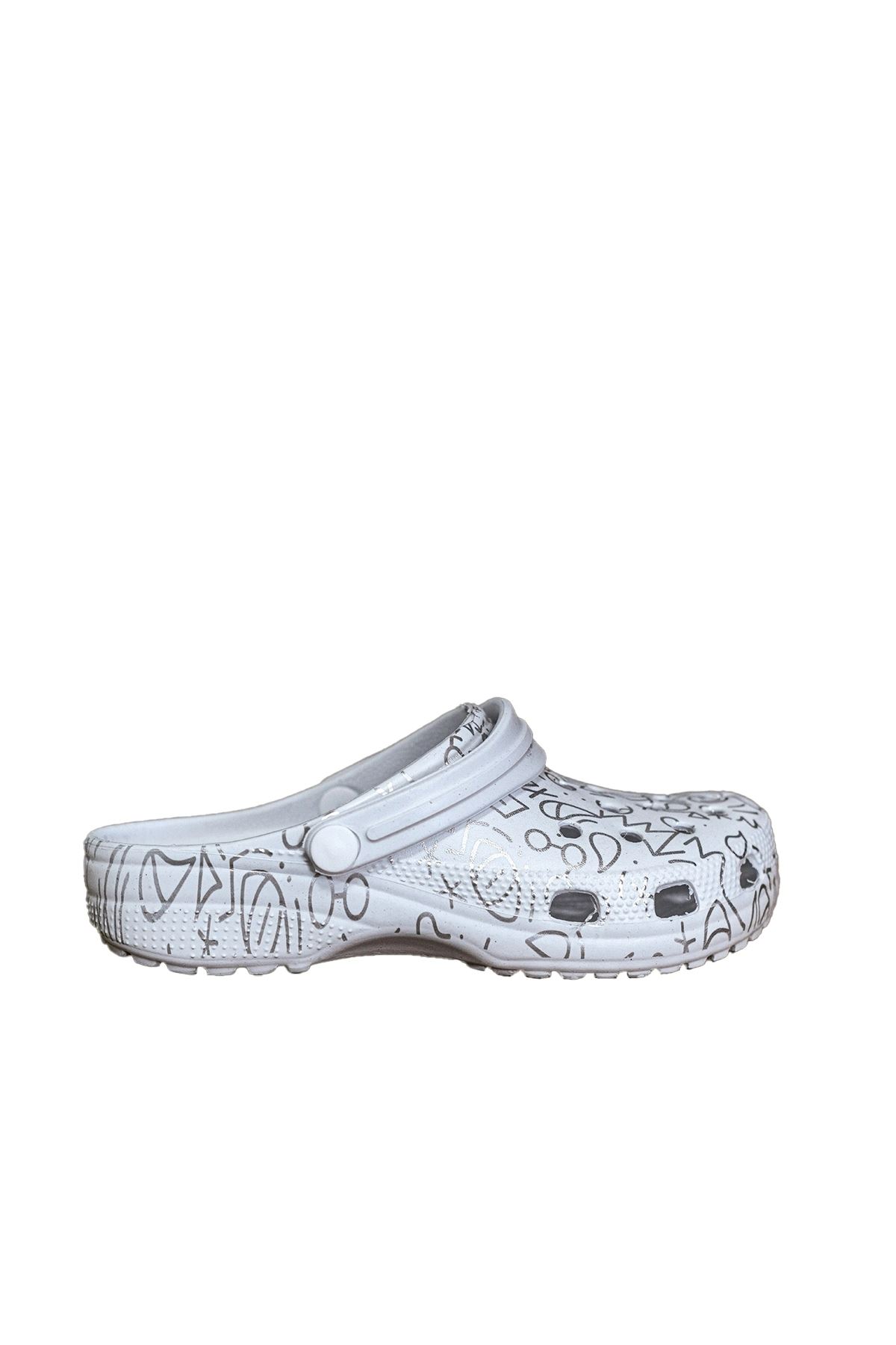 Beyaz Gümüş Baskılı Ortopedik Unisex Sandalet/Terlik
