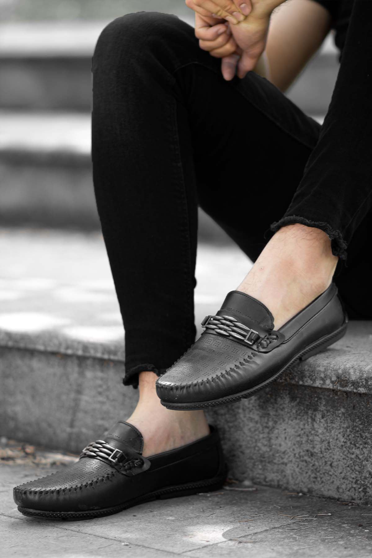 Siyah Lazer Desenli Erkek Loafer Ayakkabı