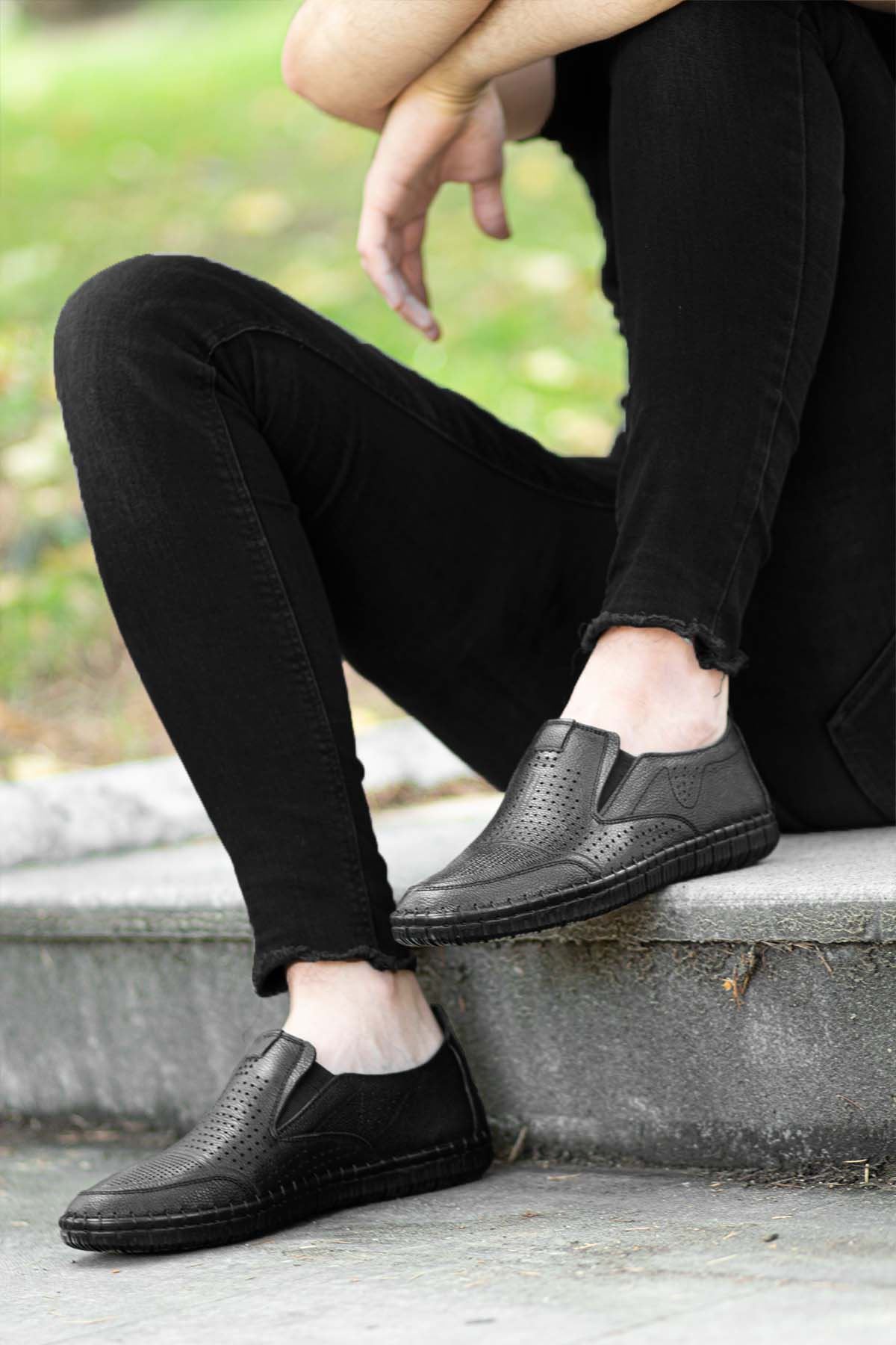 Siyah Hakiki Deri Erkek Klasik Çarık Ayakkabı