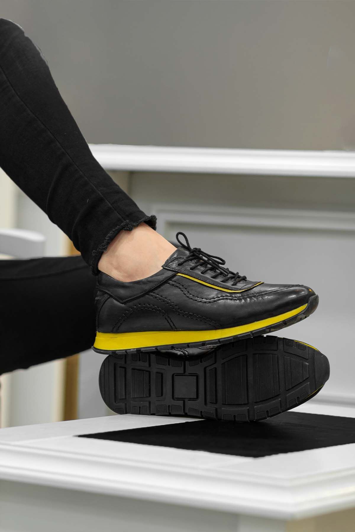Siyah Sarı Hakiki Deri Erkek Spor Ayakkabı