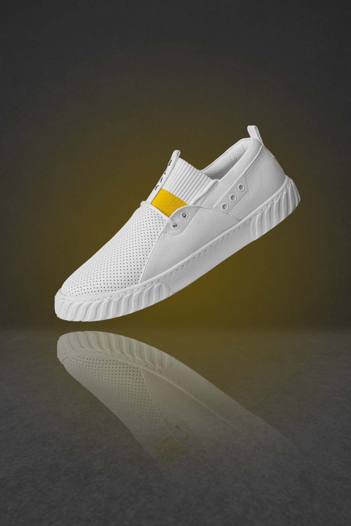 Beyaz Sarı Bant Detay Triko Erkek Spor Ayakkabı
