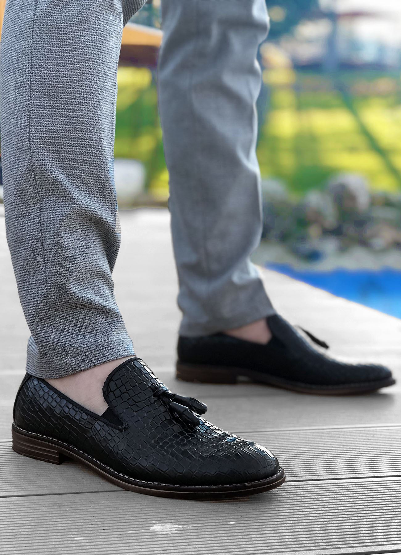 Siyah Kare Desen Hakiki Deri Erkek Klasik Ayakkabı