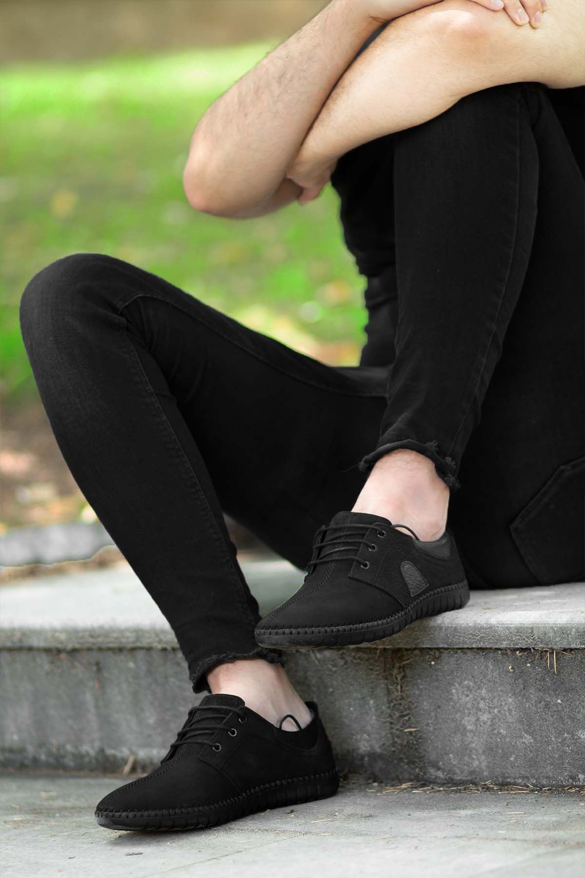 Siyah Nubuk Deri Detay Hakiki Deri Çarık Model Erkek Ayakkabı 