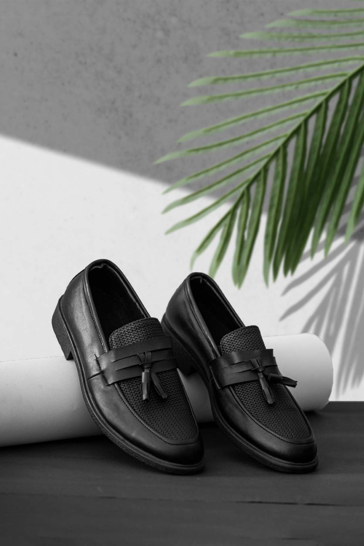 Siyah Desenli Püskül Detay Erkek Loafer Ayakkabı