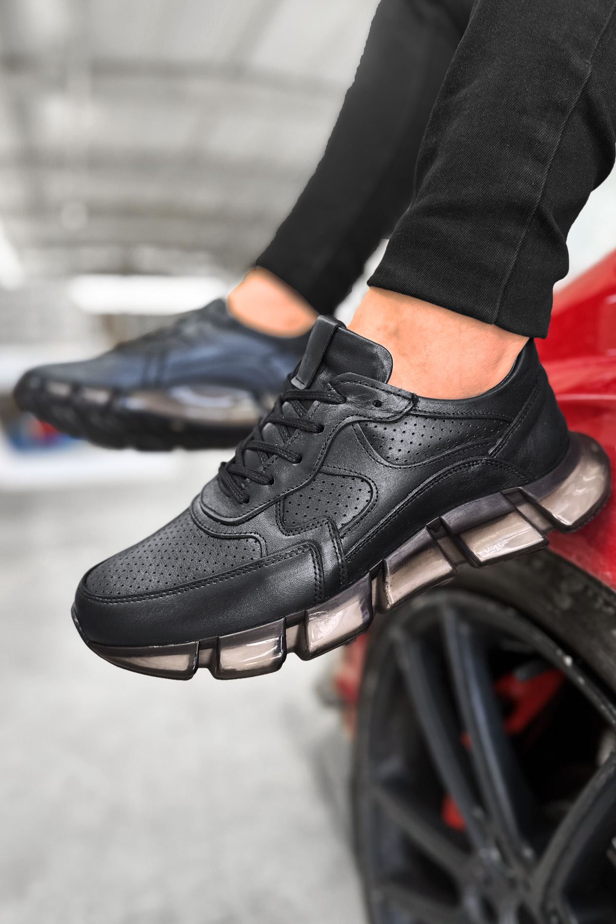 Siyah Hakiki Deri Bağcıklı Jel Detay Cross Erkek Spor Ayakkabı