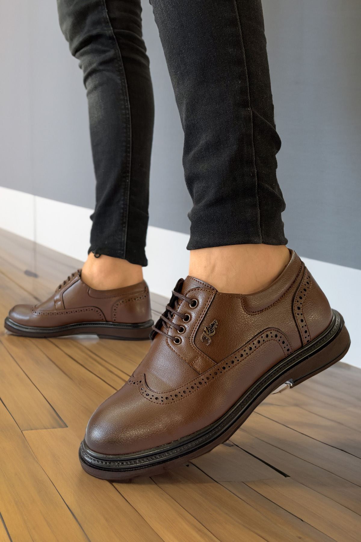 Taba Desenli Deri Tarz Bağcıklı Erkek Klasik Ayakkabı
