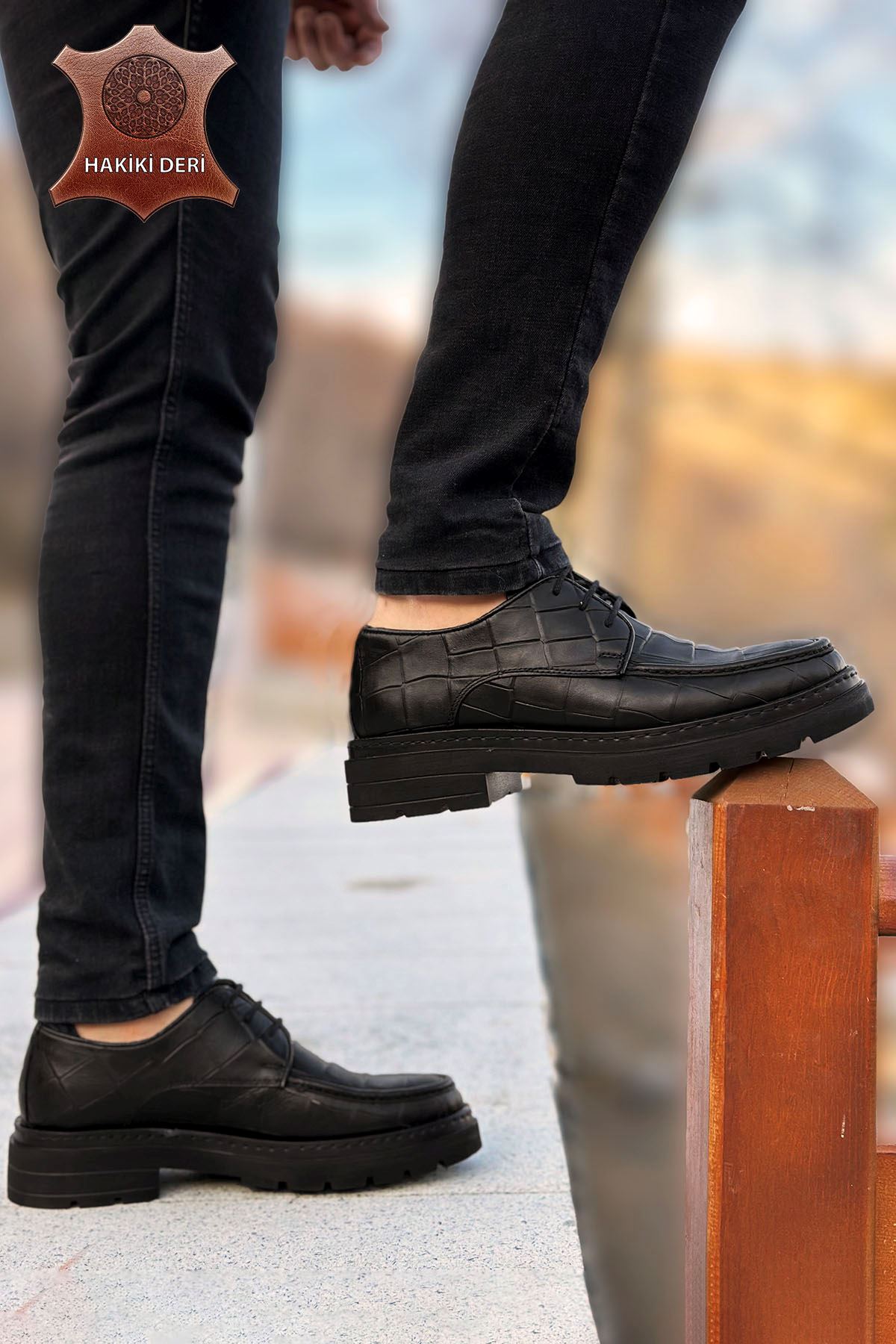 Siyah Timsah Bağcıklı Hakiki Deri Erkek Klasik Ayakkabı