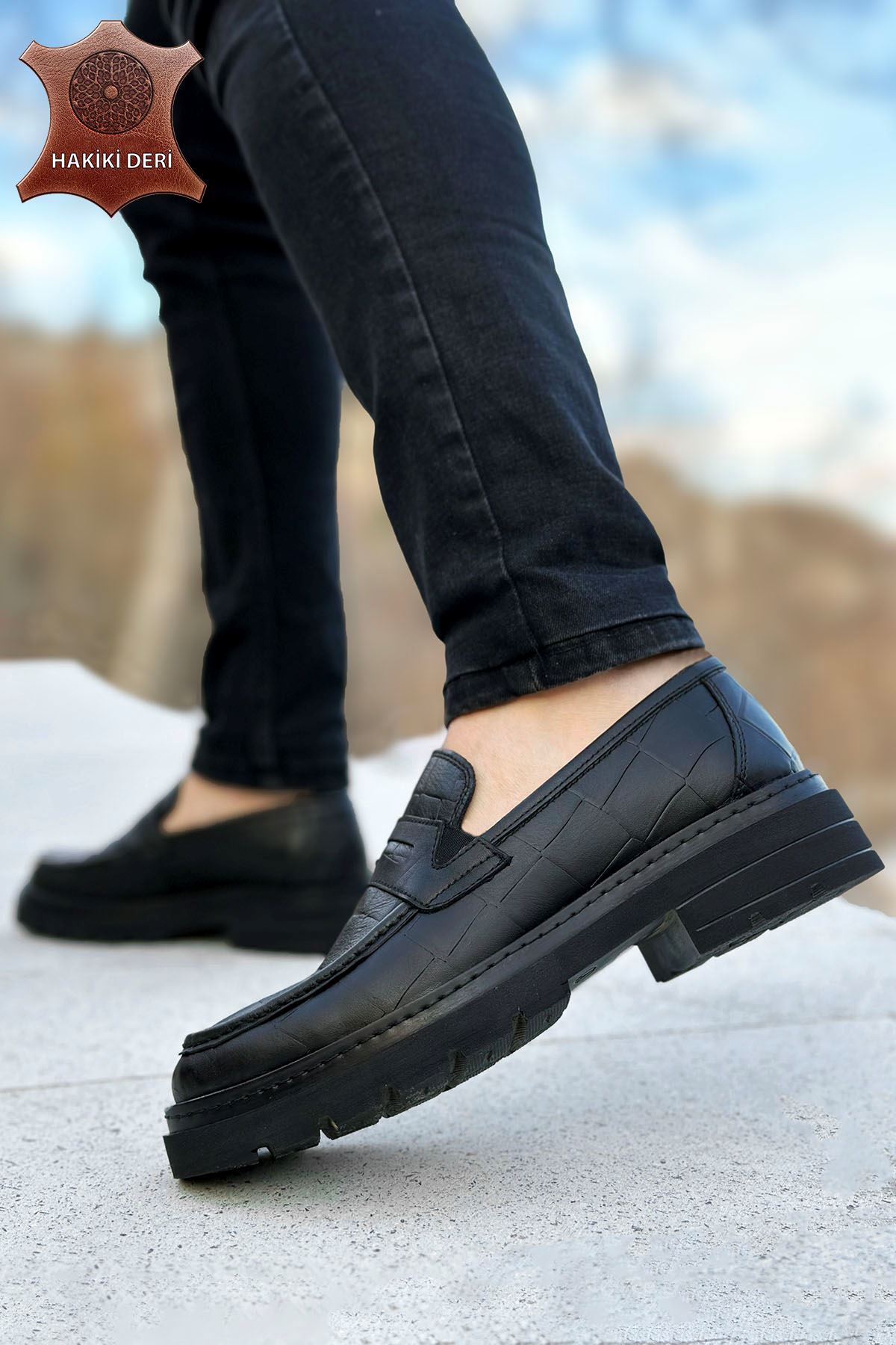 Siyah Timsah Biyeli Hakiki Deri Erkek Klasik Ayakkabı