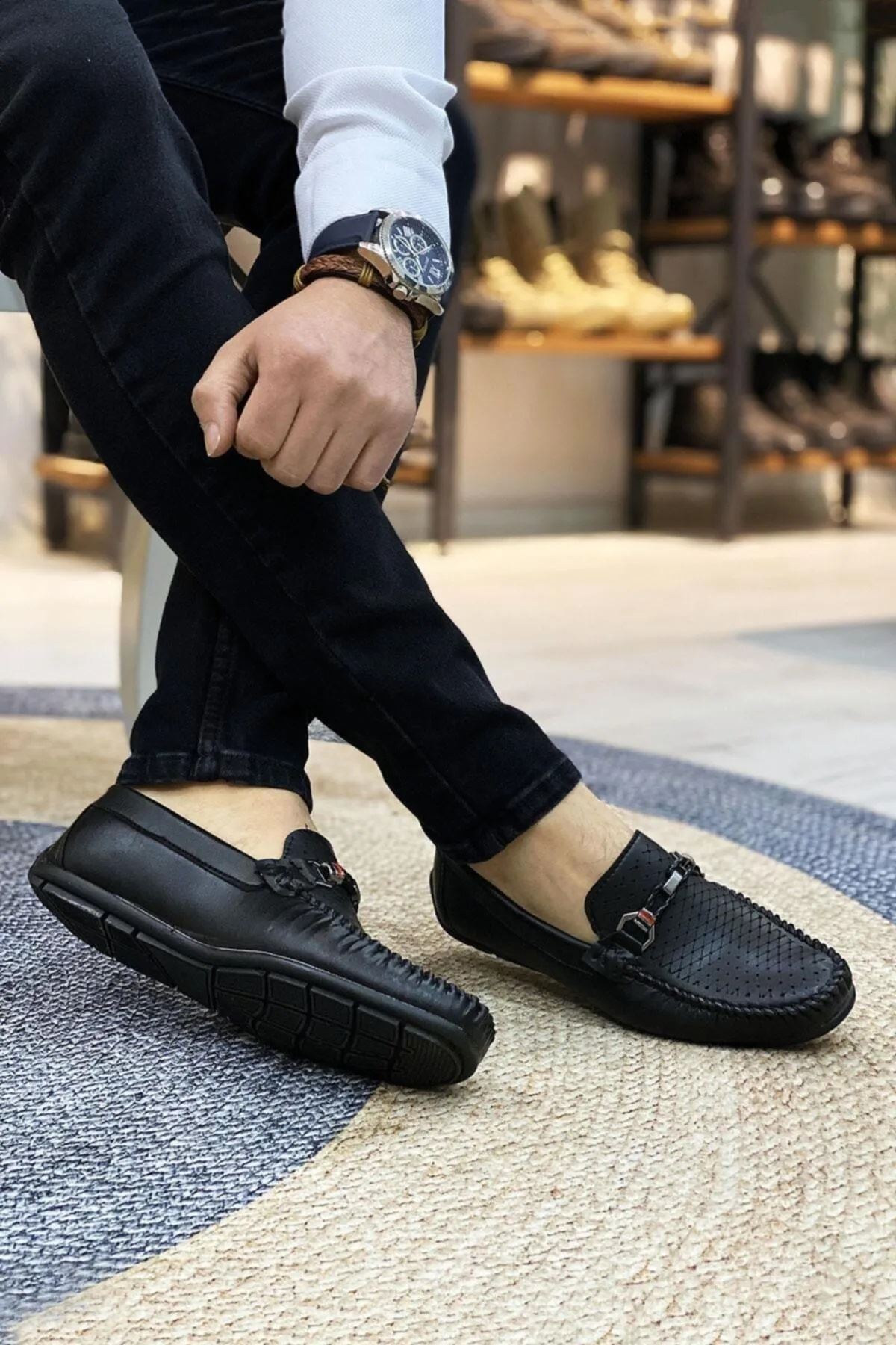 Siyah Lazerli Erkek Loafer Ayakkabı
