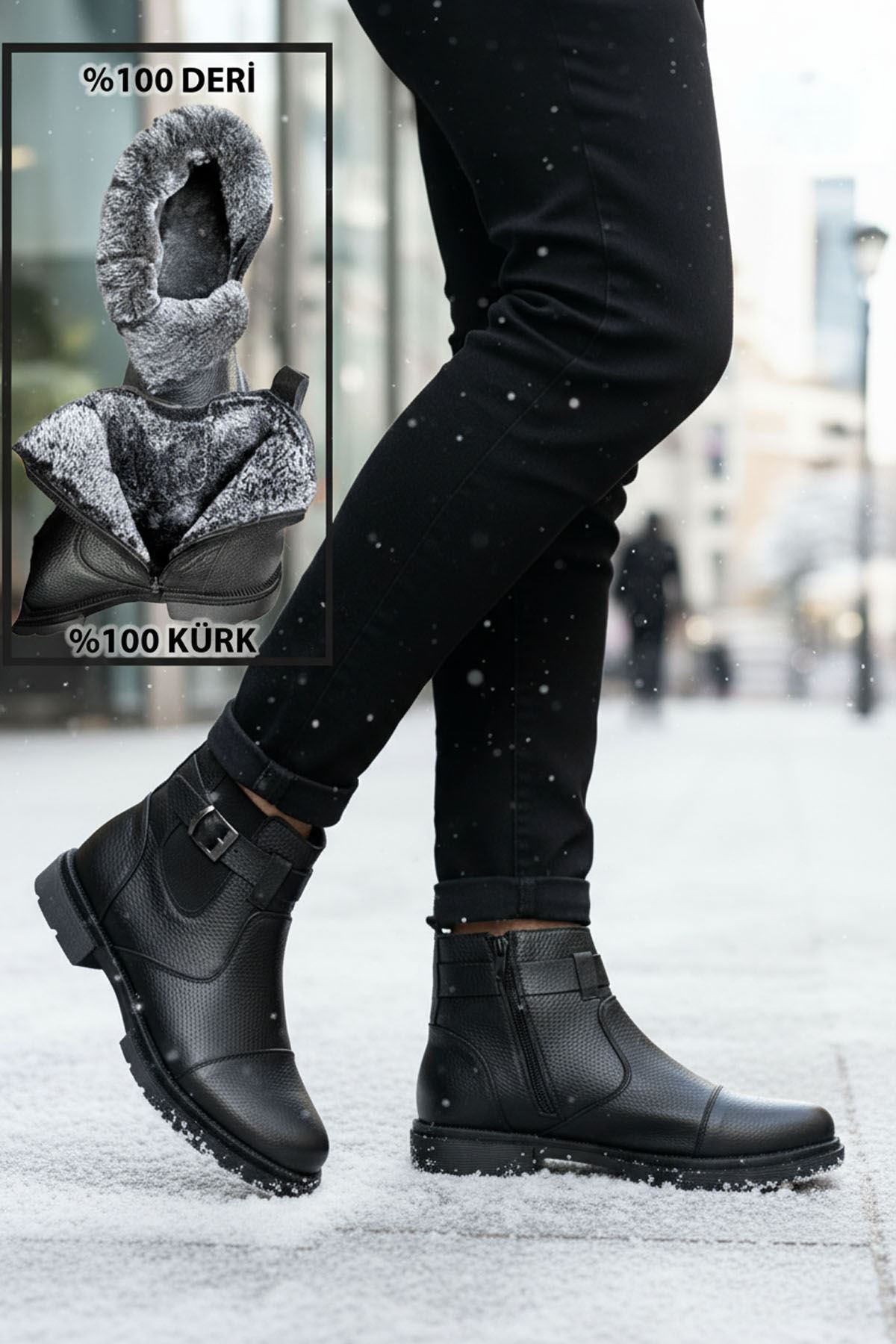 Siyah İçi Kürklü Fermuarlı Hakiki Deri Erkek Bot