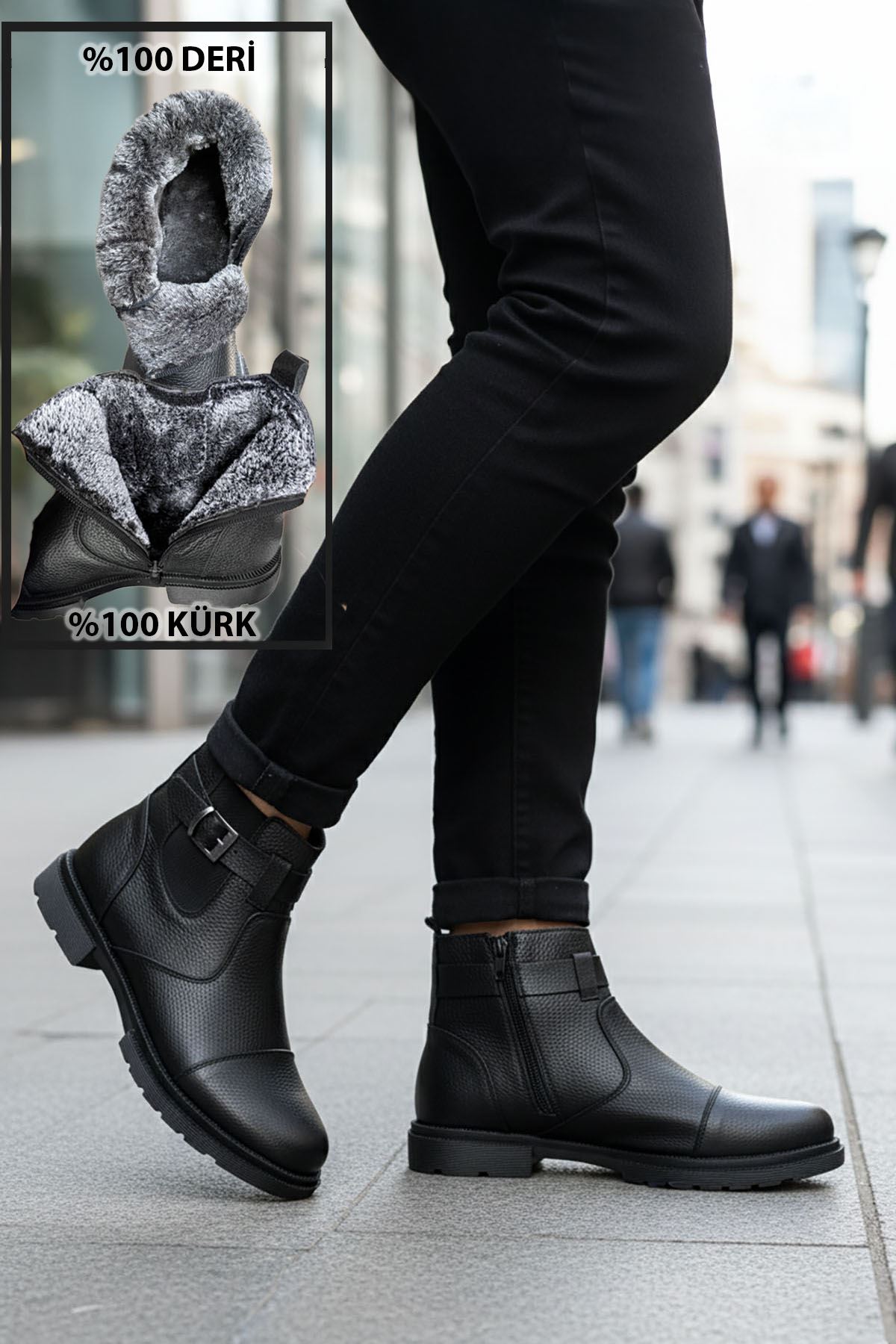 Siyah İçi Kürklü Fermuarlı Hakiki Deri Erkek Bot