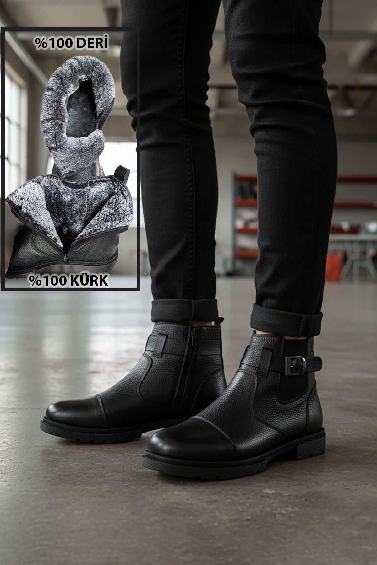Siyah İçi Kürklü Fermuarlı Hakiki Deri Erkek Bot