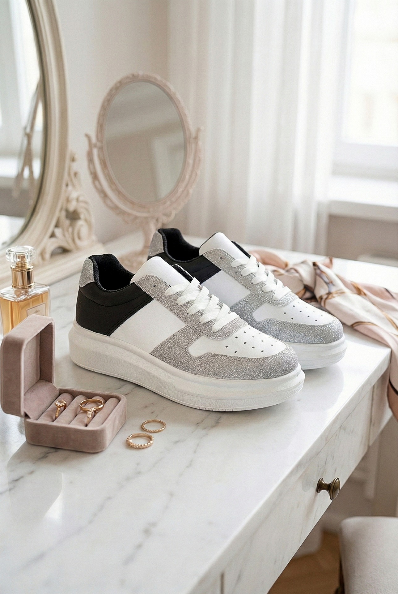 Beyaz Siyah Kadın Spor Ayakkabı