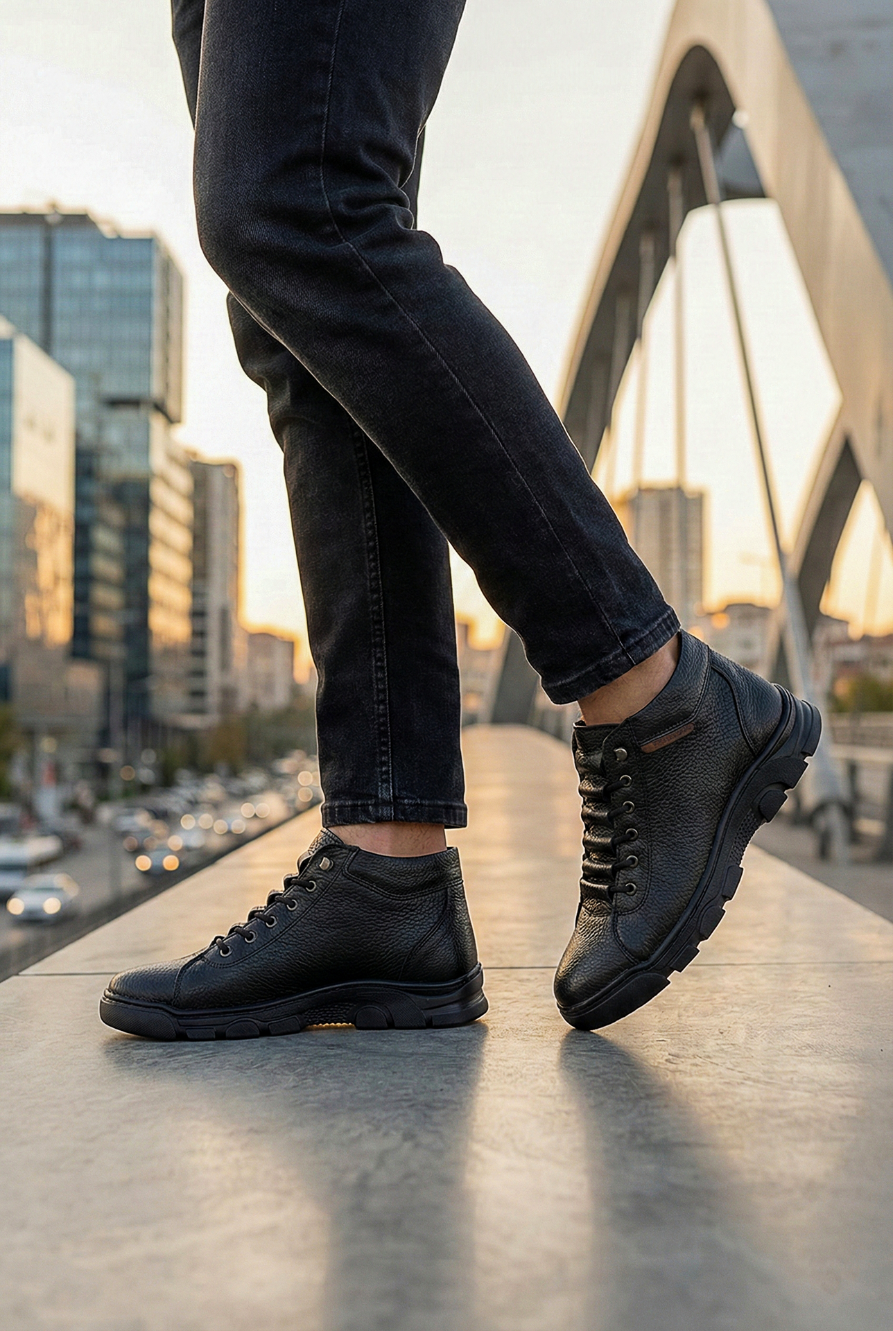 Siyah Merdiven Lastikli Hakiki Deri Erkek Bot