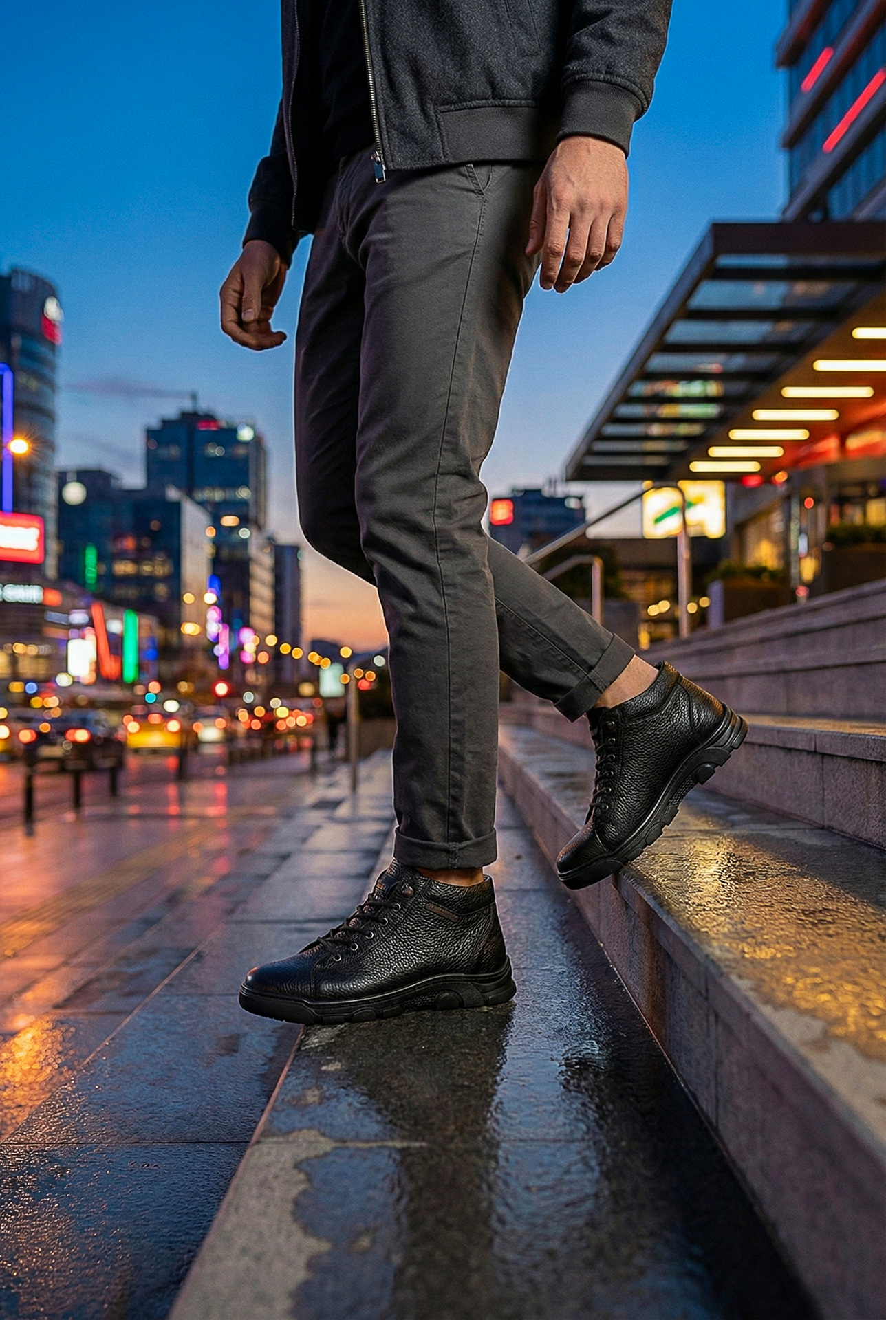 Siyah Merdiven Lastikli Hakiki Deri Erkek Bot