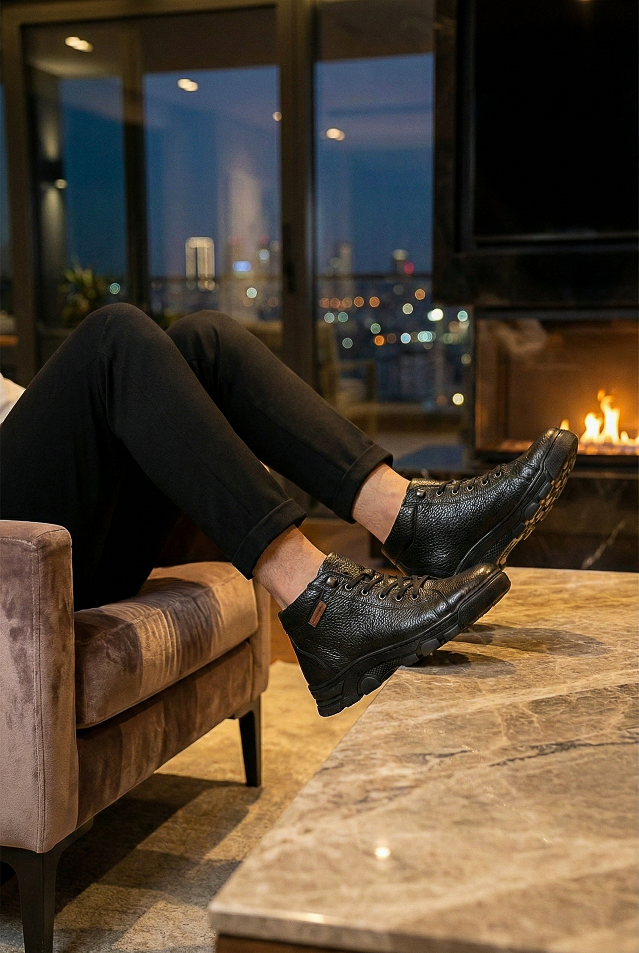 Siyah Merdiven Lastikli Hakiki Deri Erkek Bot