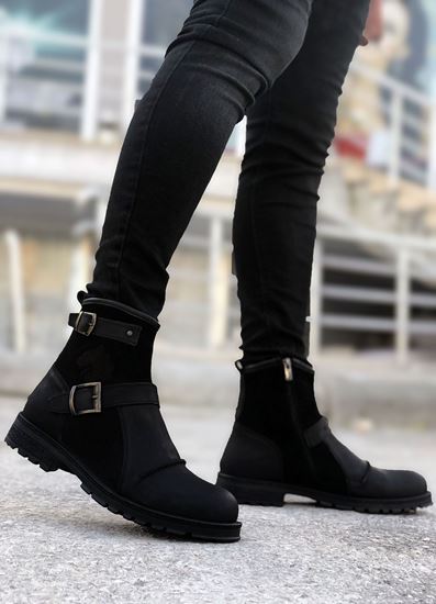 Siyah Kemerli Süet Detay Hakiki Deri Erkek Bot