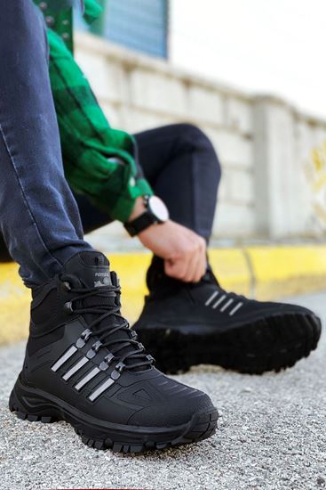 Siyah Beyaz Çizgili Kauçuk Erkek Trekking Bot