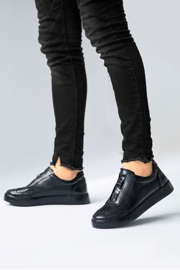 Siyah Hakiki Deri Yılan Desen Yazlık Erkek Klasik Ayakkabı