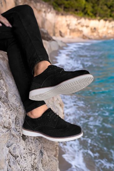 Siyah Süet Hakiki Deri Erkek Delikli Erkek Klasik Ayakkabı