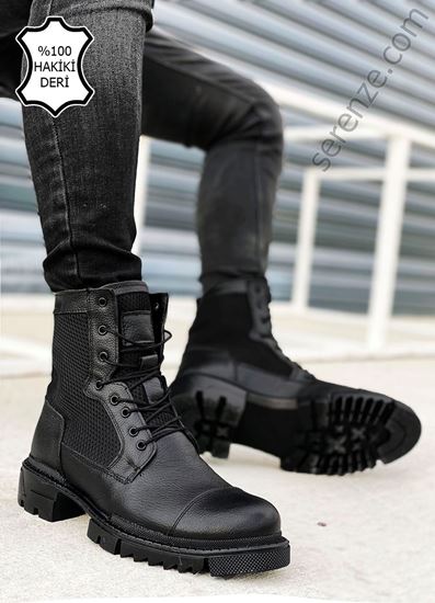 Siyah Hakiki Deri File Detay Erkek Bot 