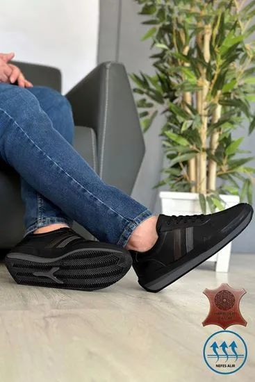 Siyah Füme Çizgili Hakiki Deri Erkek Spor Ayakkabı
