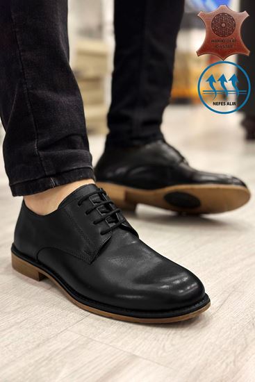 Siyah Hakiki Deri Retro Düz Erkek Klasik Ayakkabı