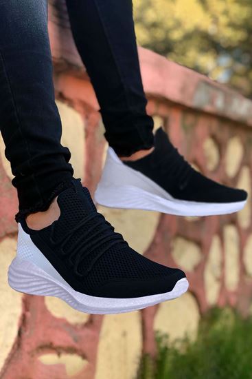 Siyah - Beyaz Bağcık Detay Fileli Erkek Spor Ayakkabı
